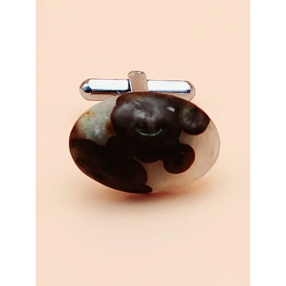 Vtg AGATE W/ FOSSILS Cabochon Men's Tie‎ Bar Clip & Cufflinks Set FREE $HIPPING!